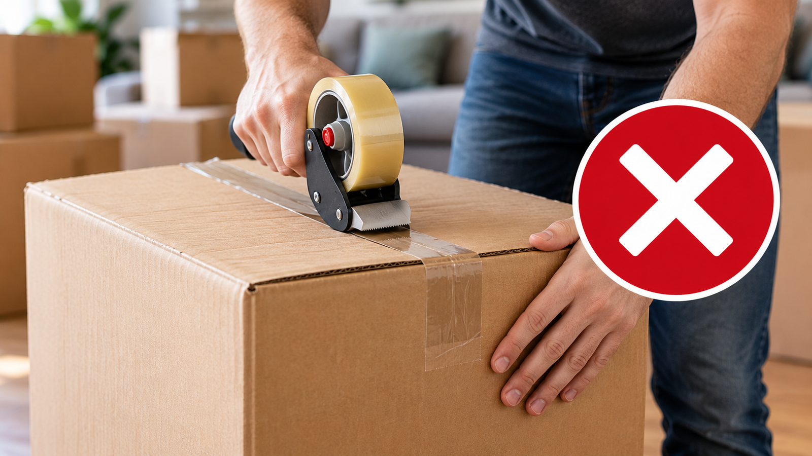 Cardboard moving box being taped
