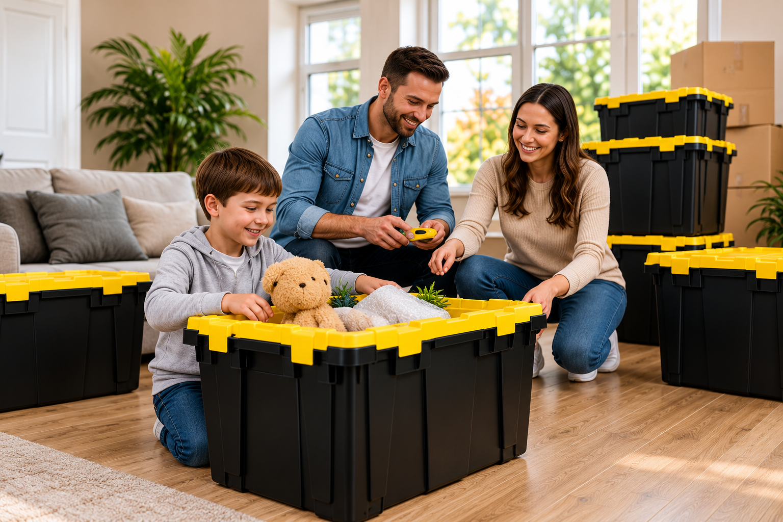 Family packing reusable moving boxes while moving home