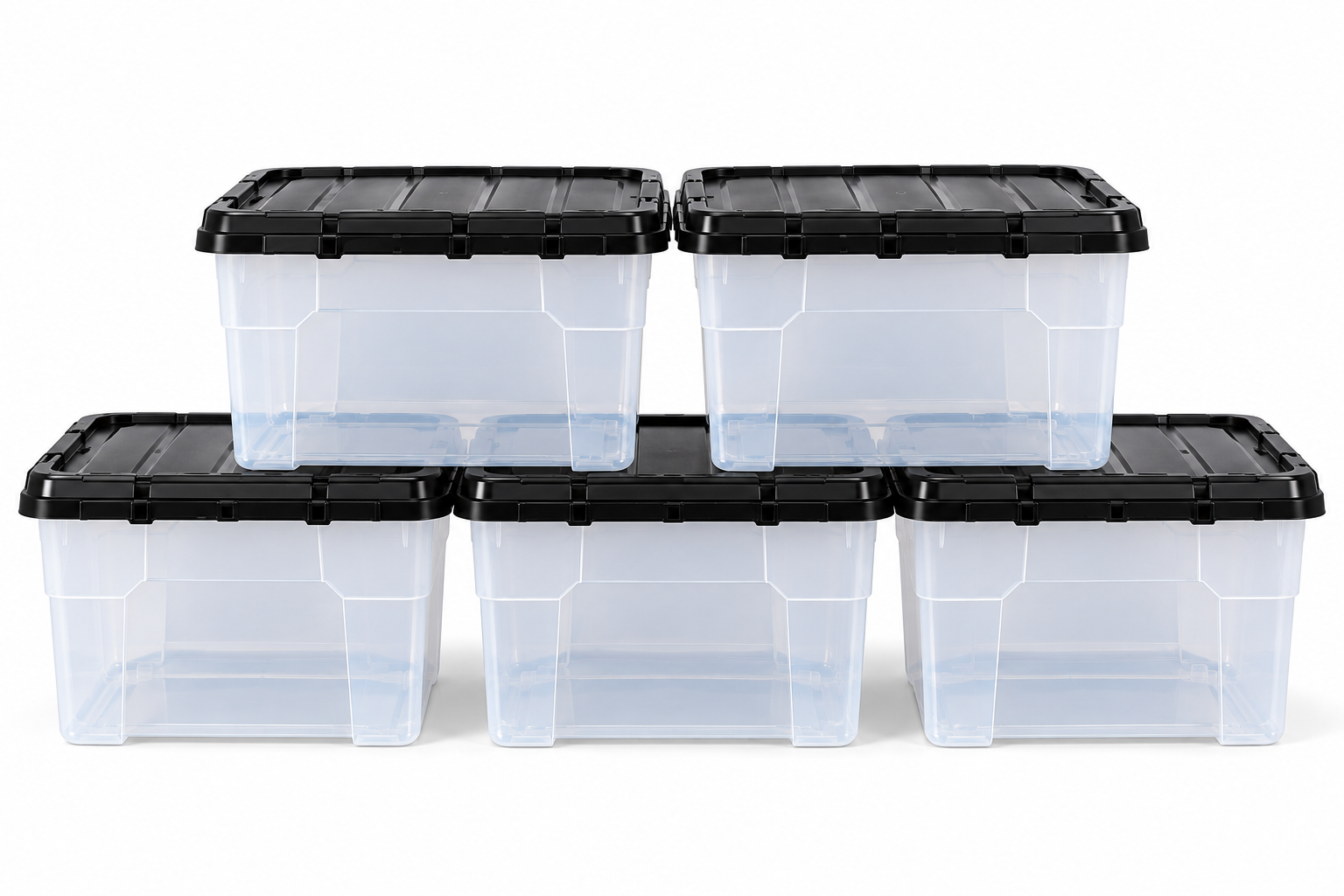 Five clear plastic business storage boxes