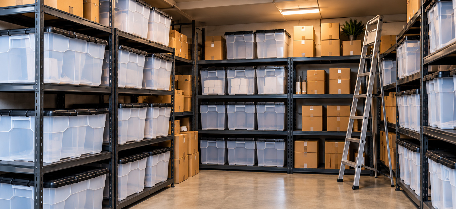 Organised business storage room using clear plastic storage boxes
