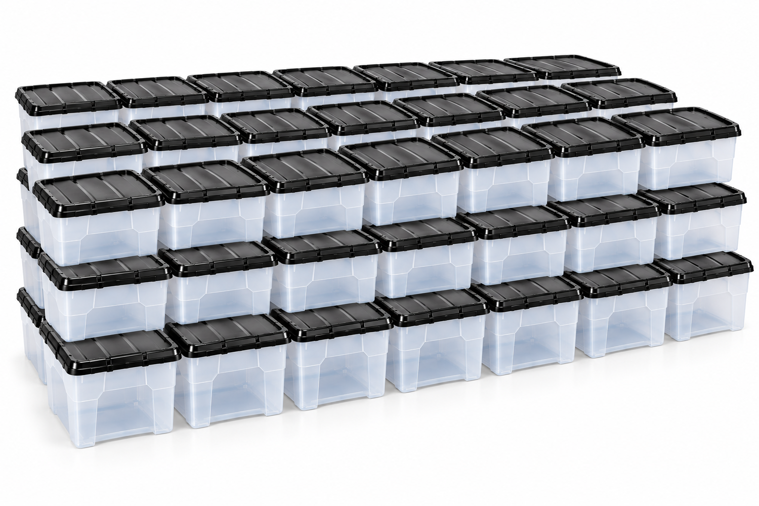 Forty clear plastic business storage boxes