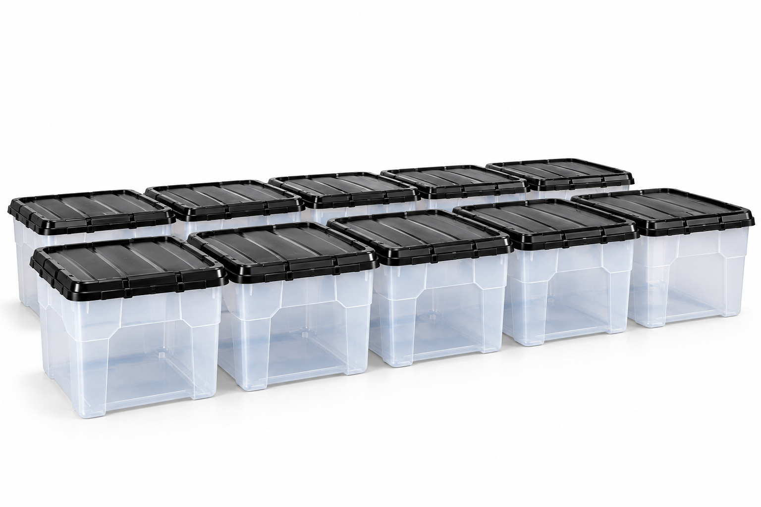 Ten clear plastic business storage boxes