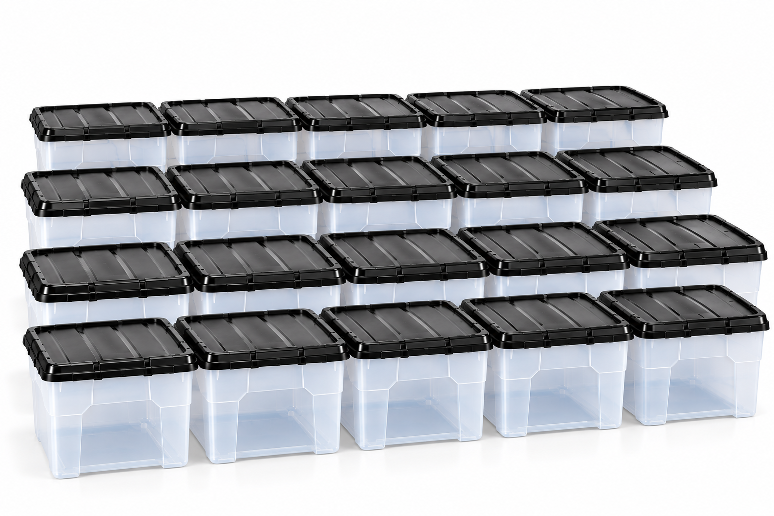 Twenty clear plastic business storage boxes